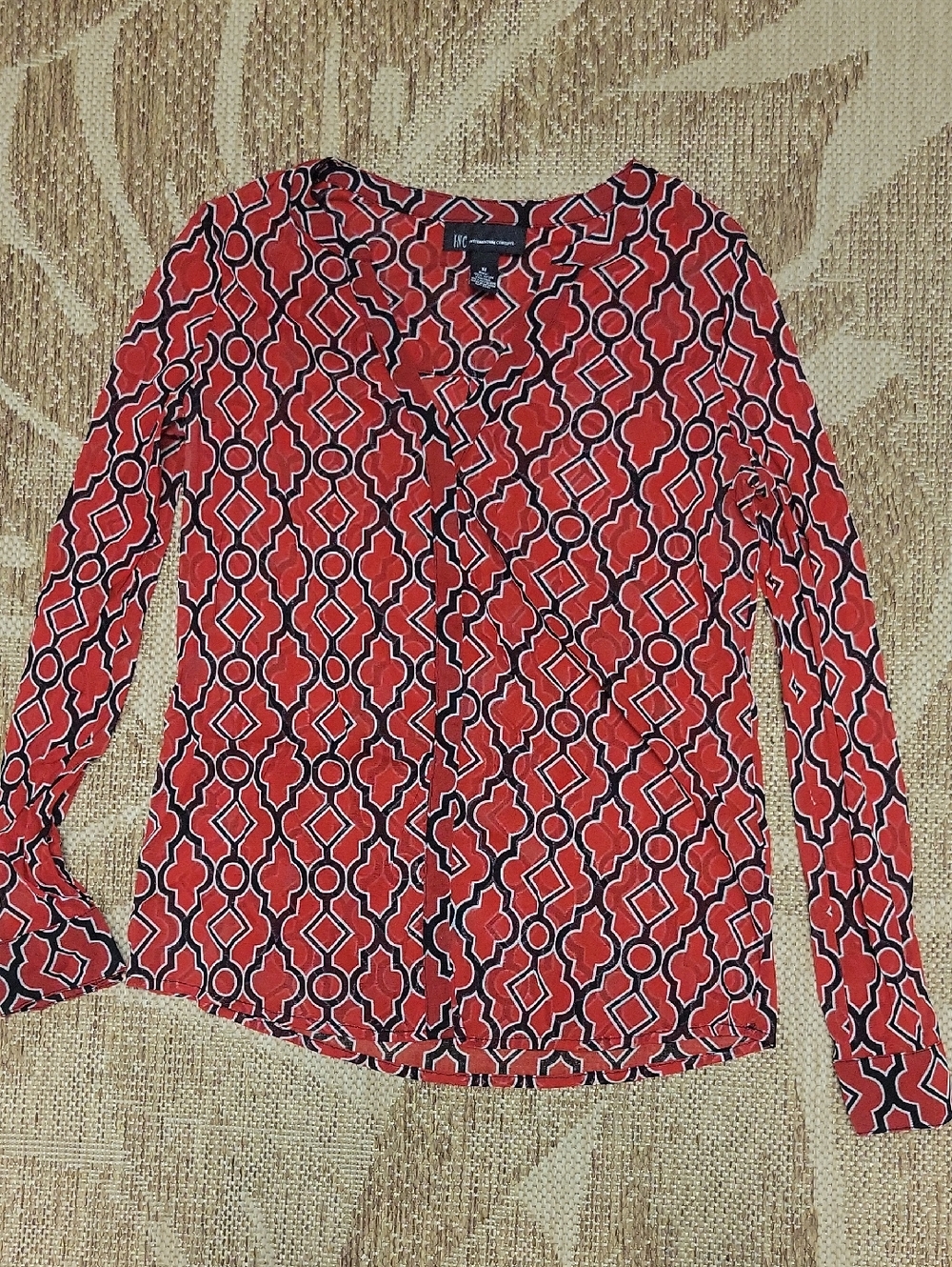 INC Red and Black Geometric Long-Sleeve V-Neck Top SHEER